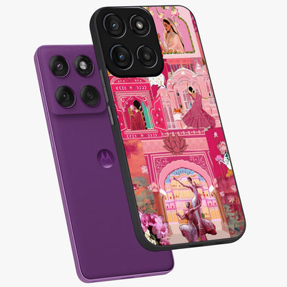 Pink Palace Muse Glass Case displayed in angled mockup highlighting dreamy palace illustration with soft pink aesthetic.