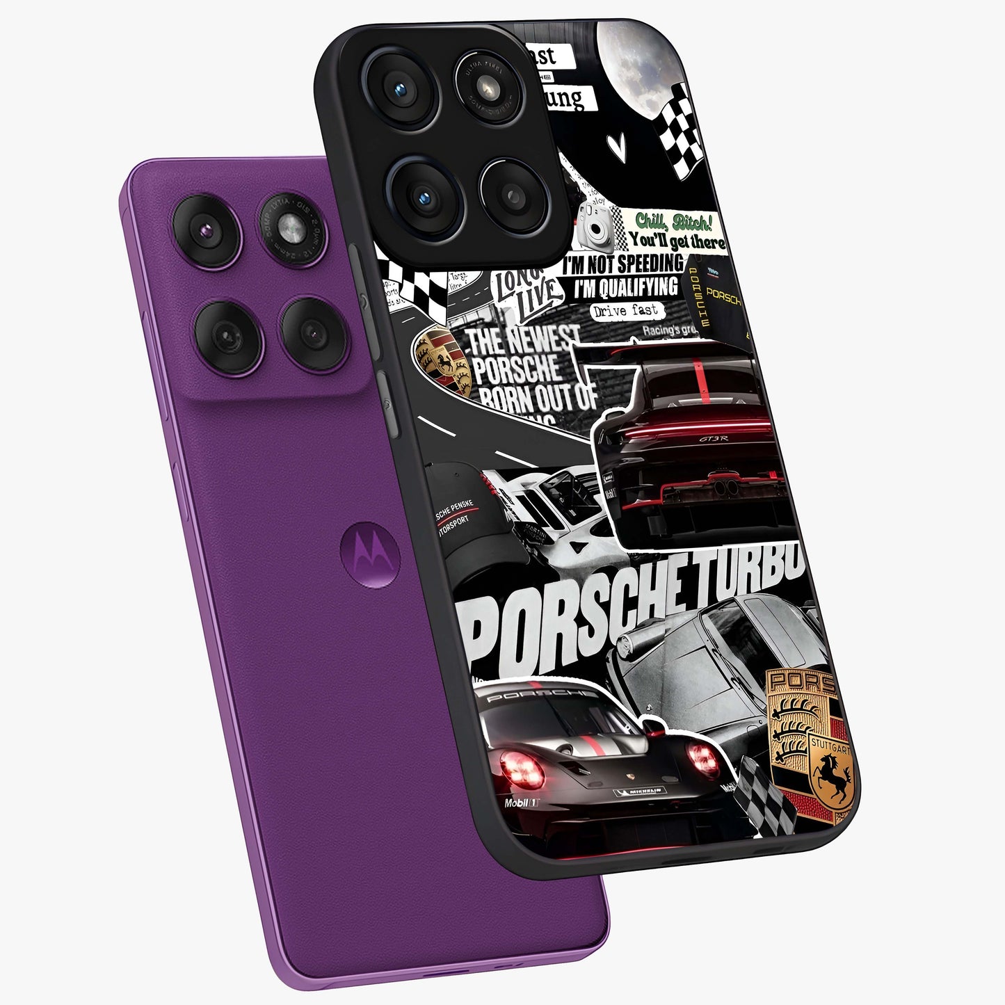Porsche Racing Collage Glass Case displayed in angled mockup highlighting dynamic automotive design with bold racing aesthetic.