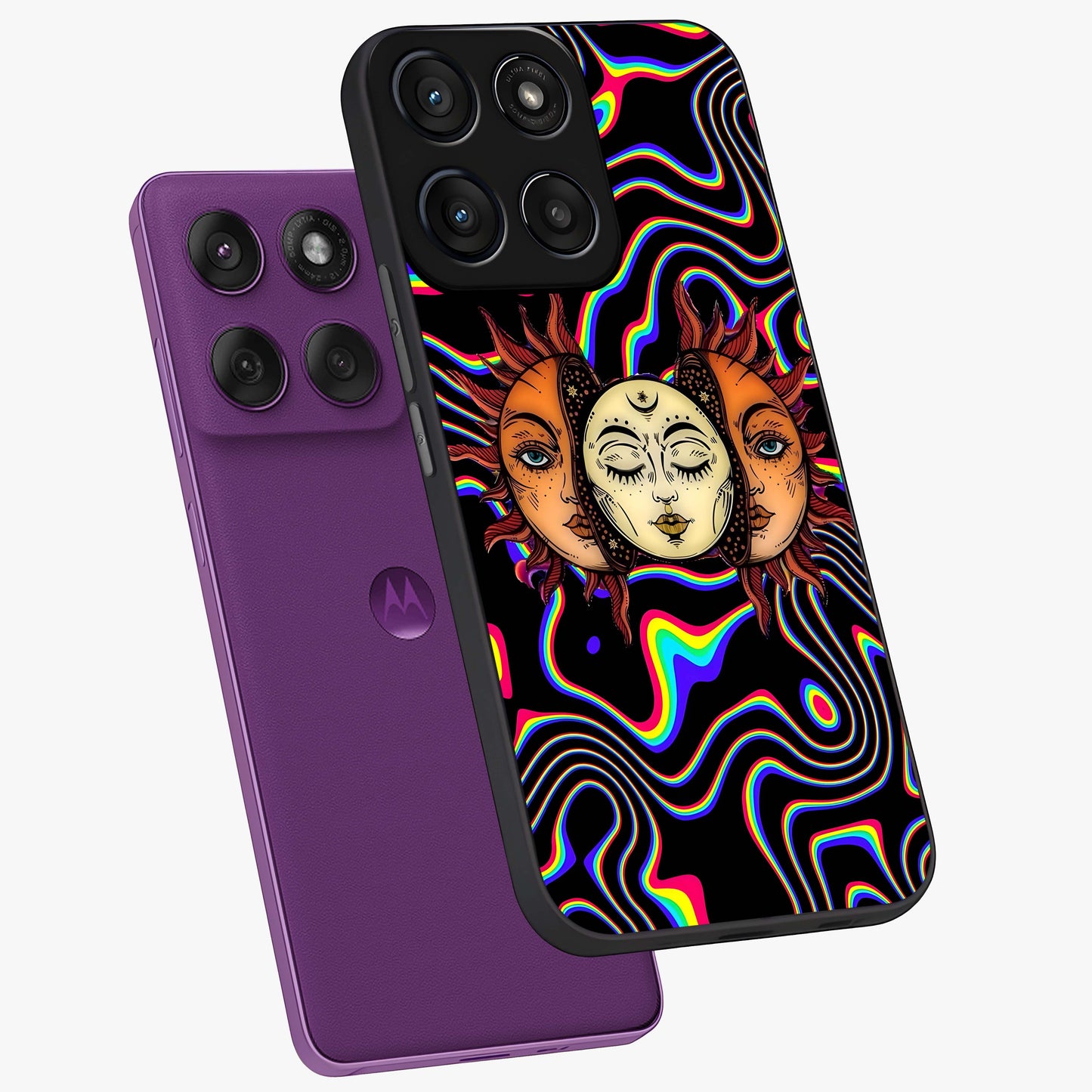 Psychedelic Sun Glass Case displayed in angled mockup highlighting vibrant abstract sun design with artistic aesthetic style.