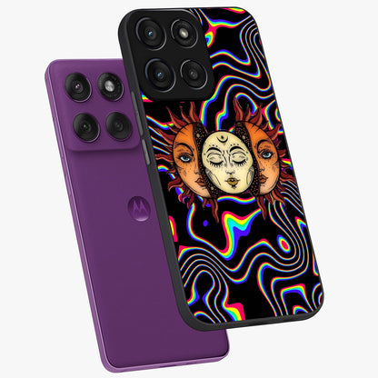 Psychedelic Sun Glass Case displayed in angled mockup highlighting vibrant abstract sun design with artistic aesthetic style.