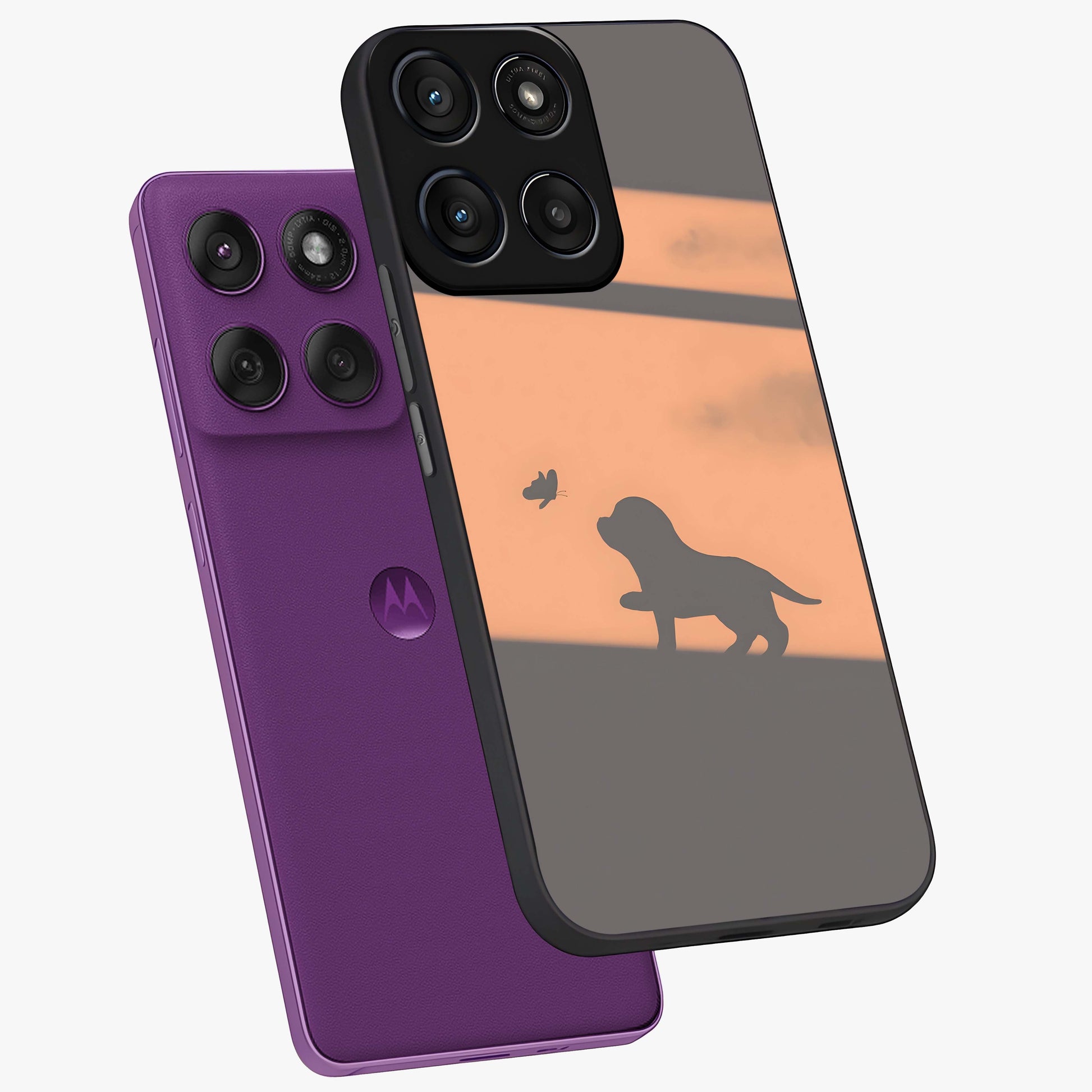 Puppy Shadow Art Glass Case displayed in angled mockup highlighting playful dog illustration with artistic shadow aesthetic.