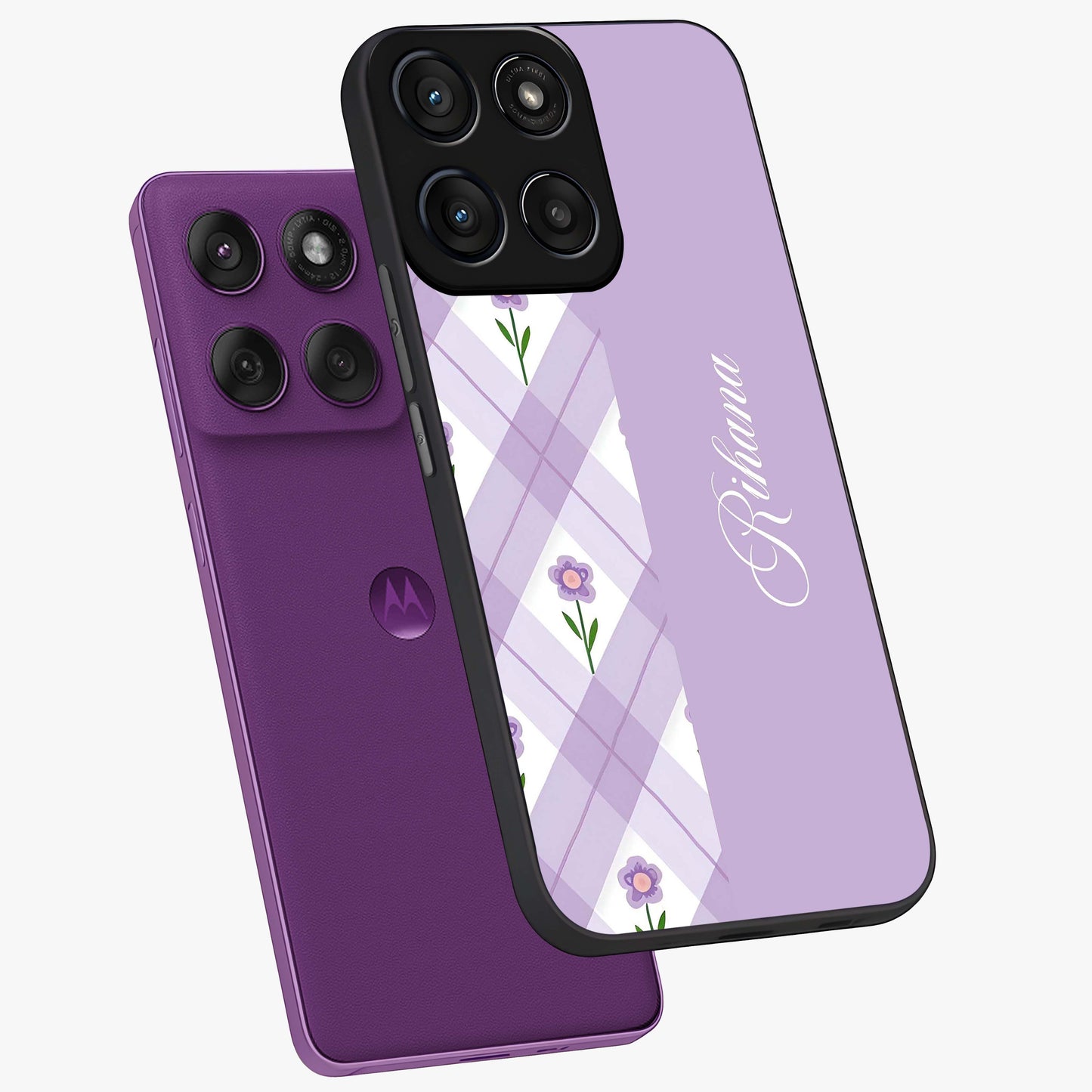 Purple Diamond Floral Glass Case displayed in angled mockup highlighting elegant purple flower design with decorative pattern.