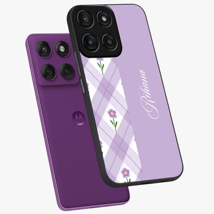 Purple Diamond Floral Glass Case displayed in angled mockup highlighting elegant purple flower design with decorative pattern.