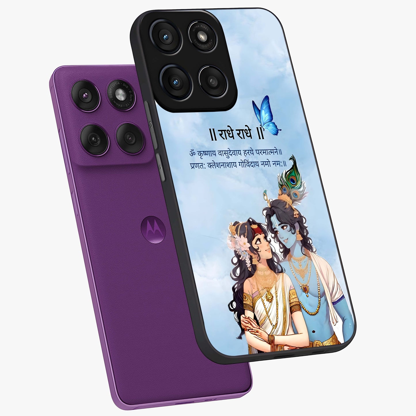 Radha Krishna Eternal Glass Case displayed in angled mockup highlighting divine Radha Krishna illustration with spiritual aesthetic.