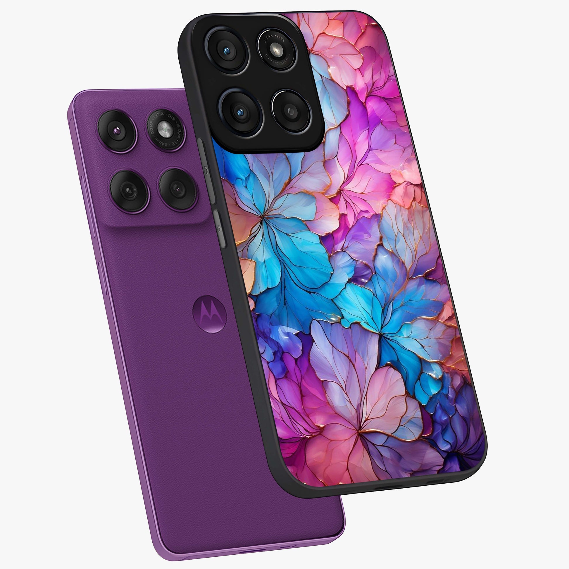 Radiant Floral Whirl Glass Case displayed in angled mockup highlighting vibrant flower pattern with dynamic artistic aesthetic.