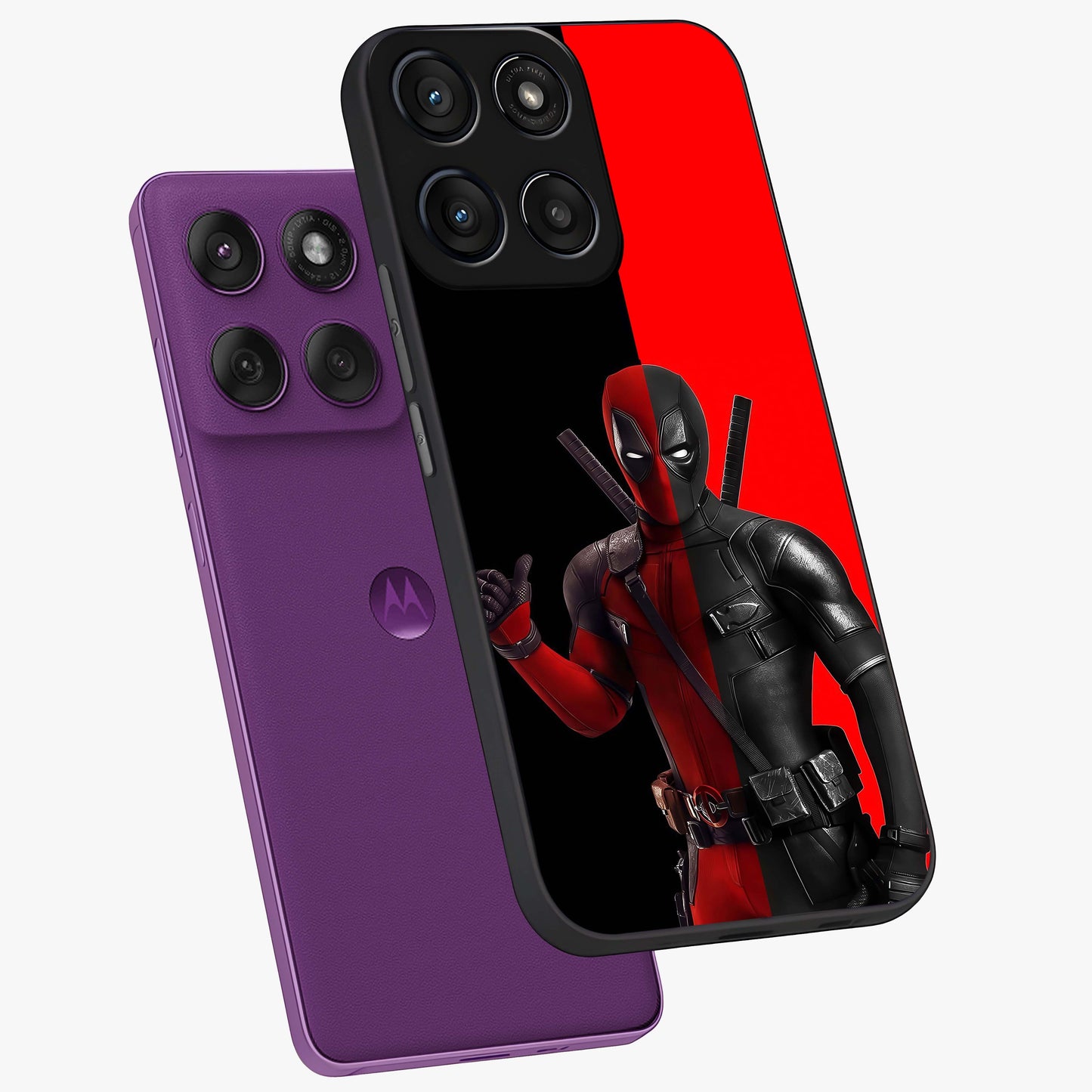 Red & Black Deadpool Theme Glass Case displayed in angled mockup highlighting vibrant superhero style illustration with action aesthetic.