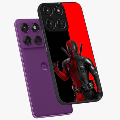 Red & Black Deadpool Theme Glass Case displayed in angled mockup highlighting vibrant superhero style illustration with action aesthetic.