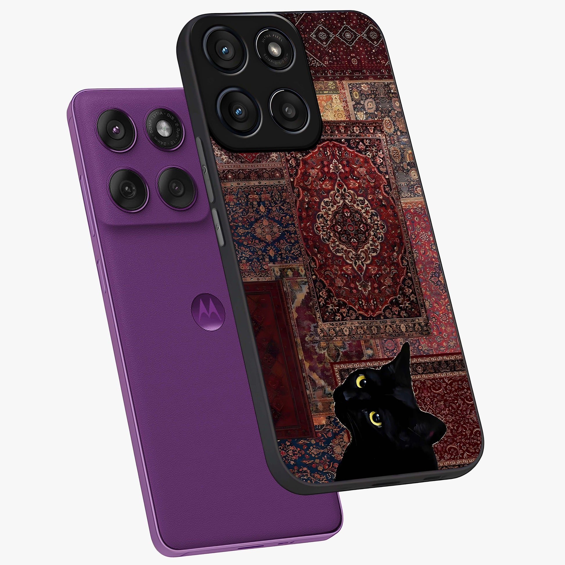 Regal Magic Cat Apple Glass Case displayed in angled mockup highlighting whimsical feline design with fantasy aesthetic.