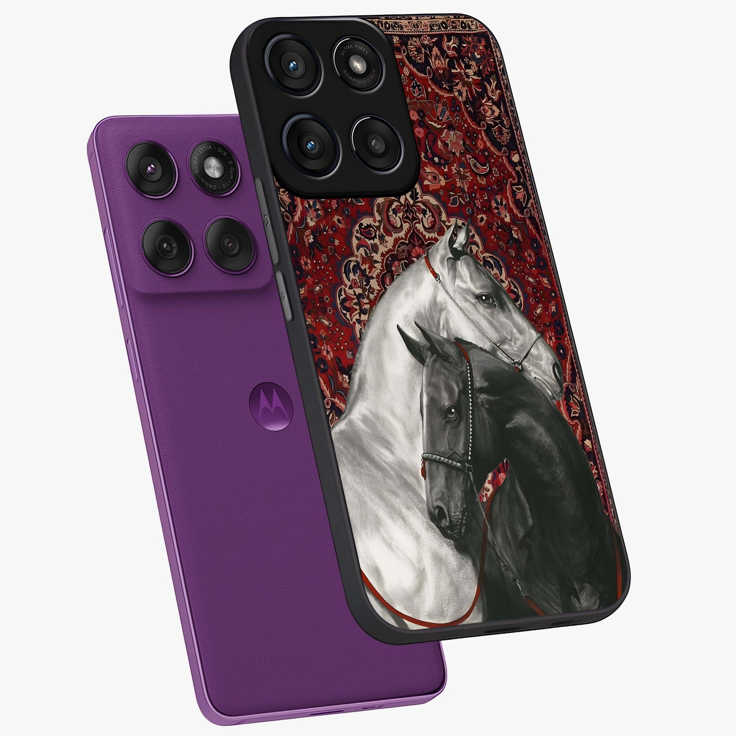 Regal Stallion Tapestry Glass Case displayed in angled mockup highlighting royal stallion design with decorative heritage aesthetic.