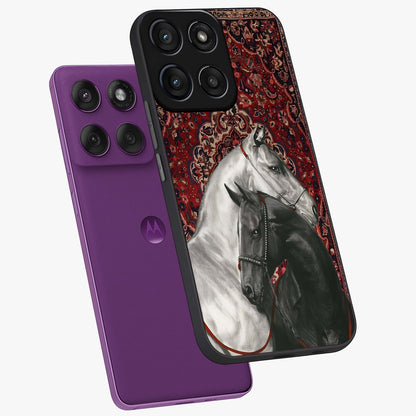 Regal Stallion Tapestry Glass Case displayed in angled mockup highlighting royal stallion design with decorative heritage aesthetic.