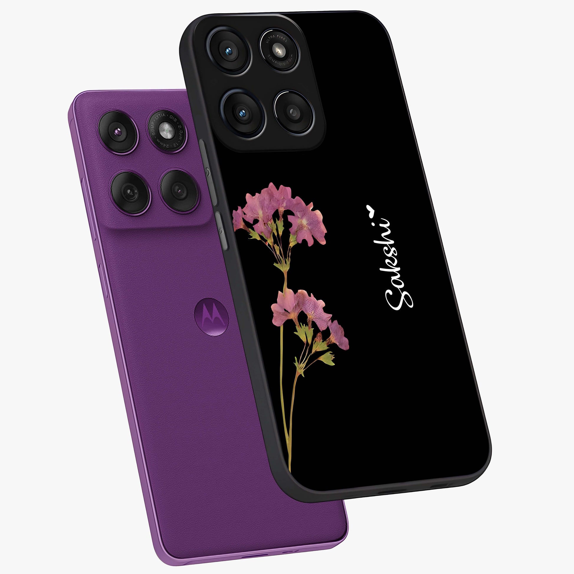 Riching Lavender Flower Custom Name Glass Case displayed in angled mockup highlighting delicate lavender flower design with custom name feature.