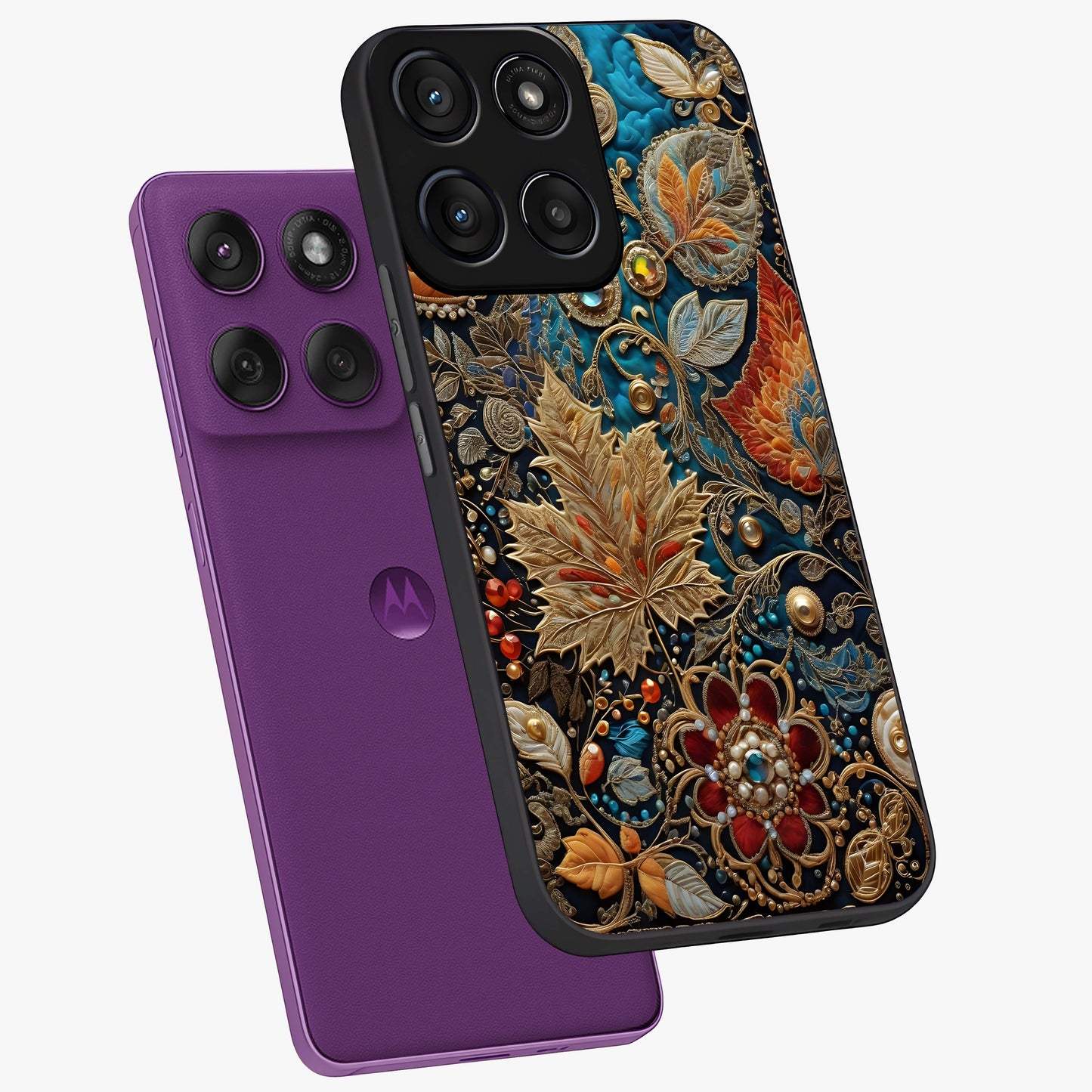 Royal Jewel Garden Glass Case displayed in angled mockup highlighting vibrant jewel inspired floral design with elegant aesthetic.