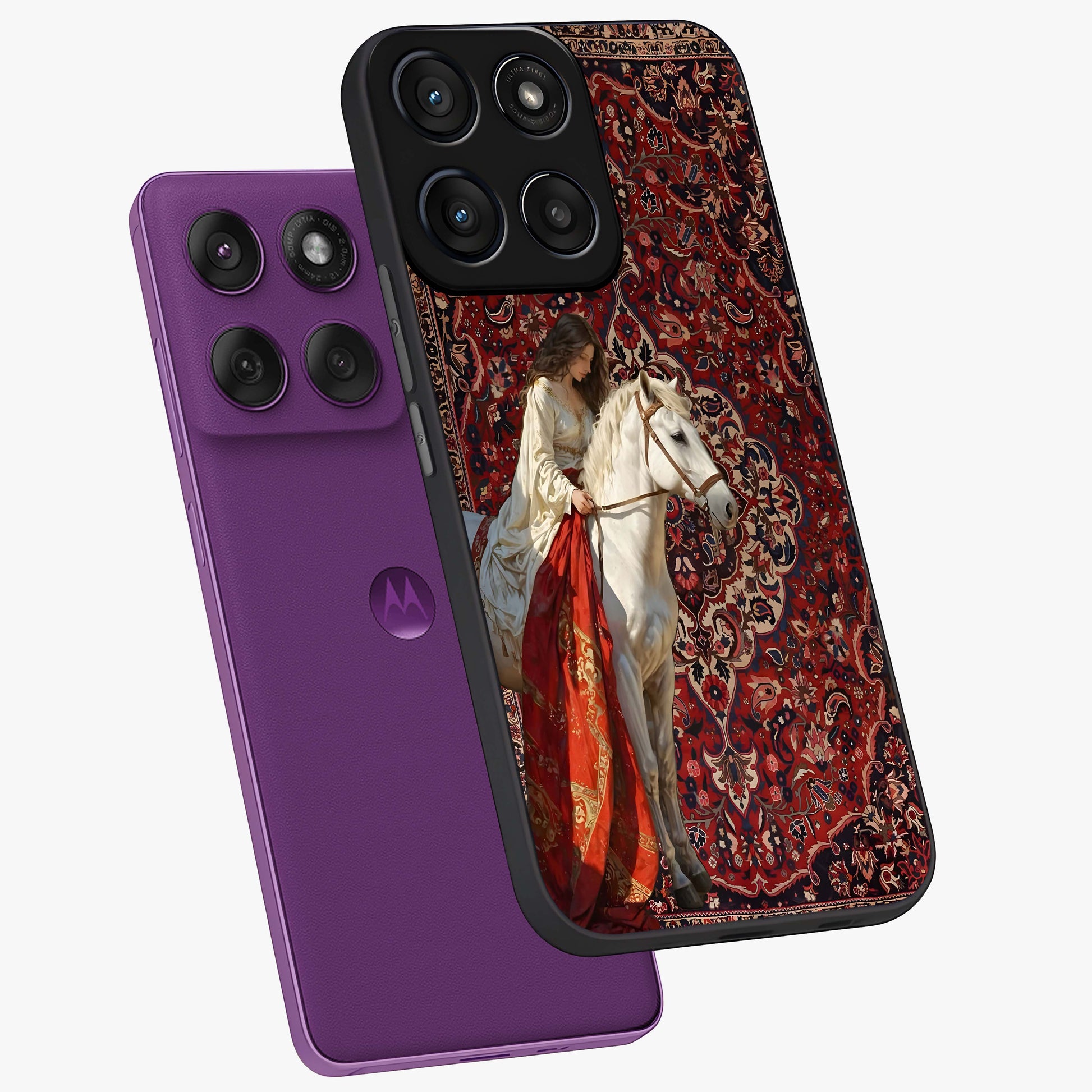 Royal Rider Tapestry Glass Case displayed in angled mockup highlighting traditional tapestry design with royal heritage aesthetic.