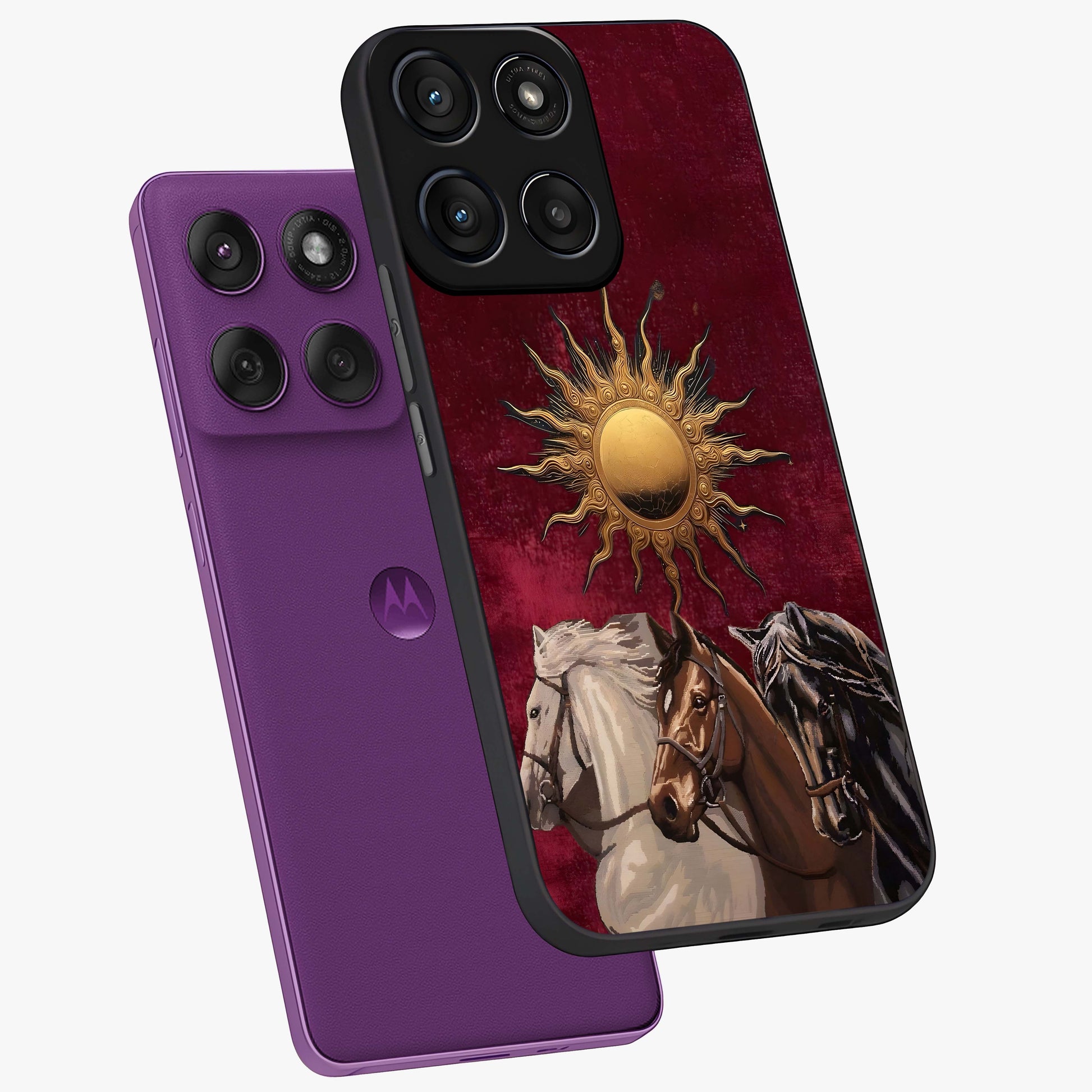 Solar Riders Glass Case displayed in angled mockup highlighting powerful rider illustration with radiant solar aesthetic.