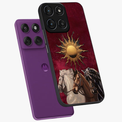 Solar Riders Glass Case displayed in angled mockup highlighting powerful rider illustration with radiant solar aesthetic.