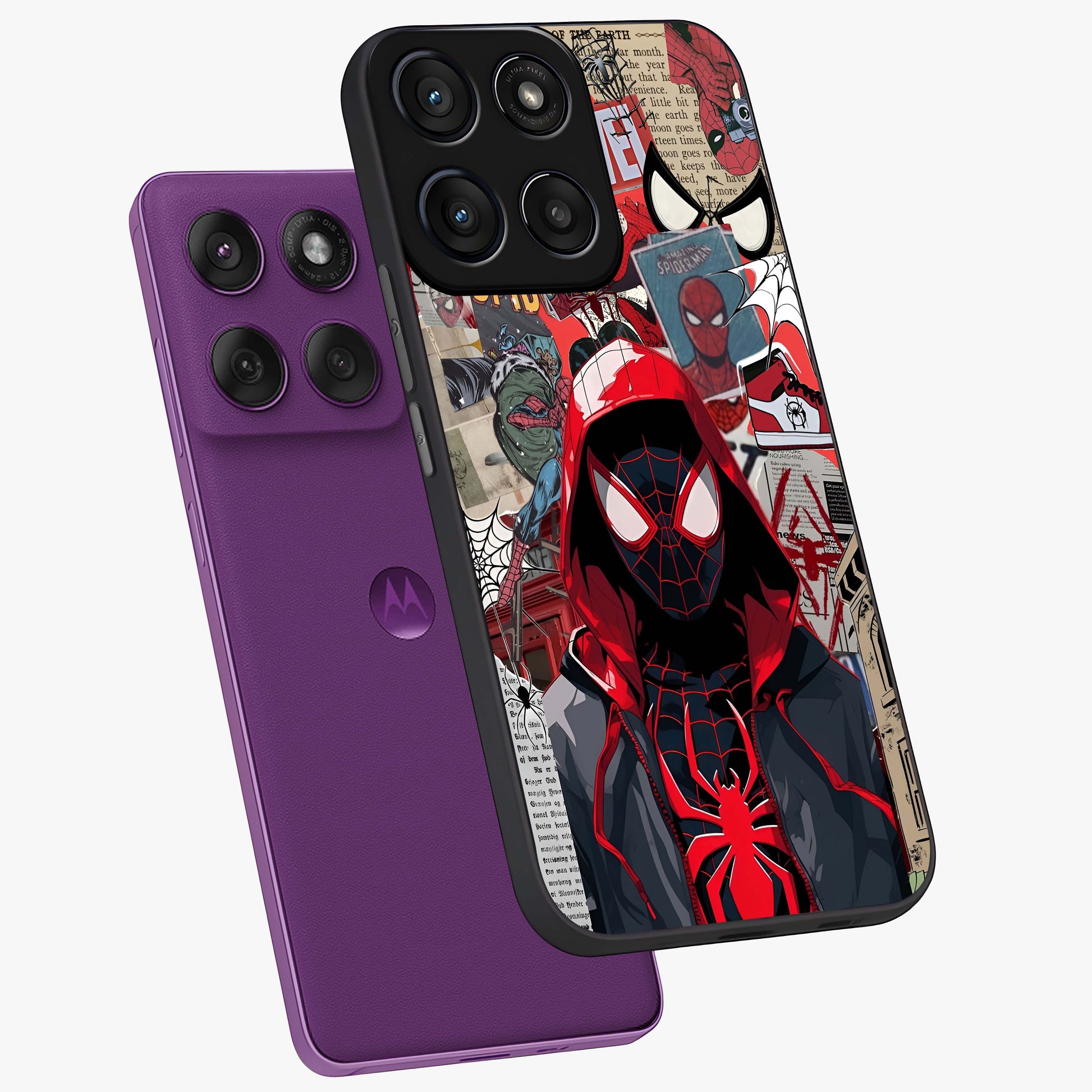 Spider Collage Street Glass Case displayed in angled mockup highlighting dynamic street style collage design with comic aesthetic.