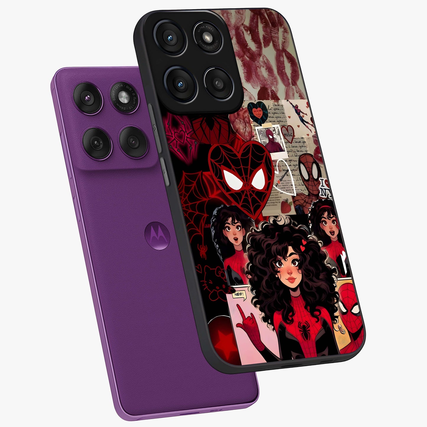 Spider Love Story Glass Case displayed in angled mockup highlighting expressive comic inspired design with playful aesthetic.