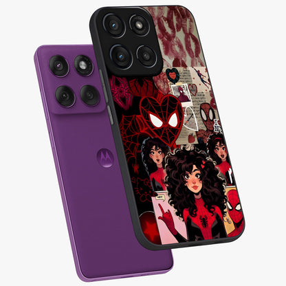 Spider Love Story Glass Case displayed in angled mockup highlighting expressive comic inspired design with playful aesthetic.