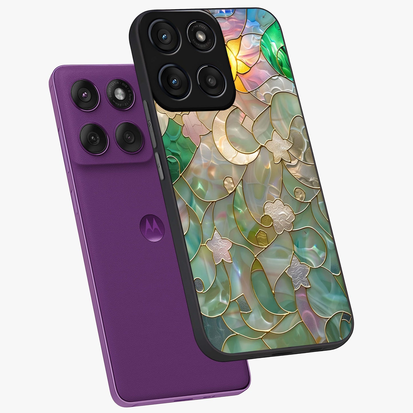 Stained Sunrise Glow Glass Case displayed in angled mockup highlighting radiant sunrise design with artistic aesthetic style.