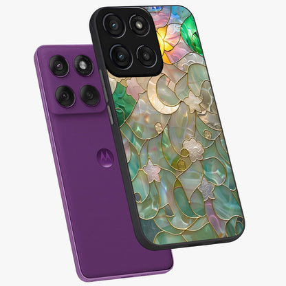 Stained Sunrise Glow Glass Case displayed in angled mockup highlighting radiant sunrise design with artistic aesthetic style.