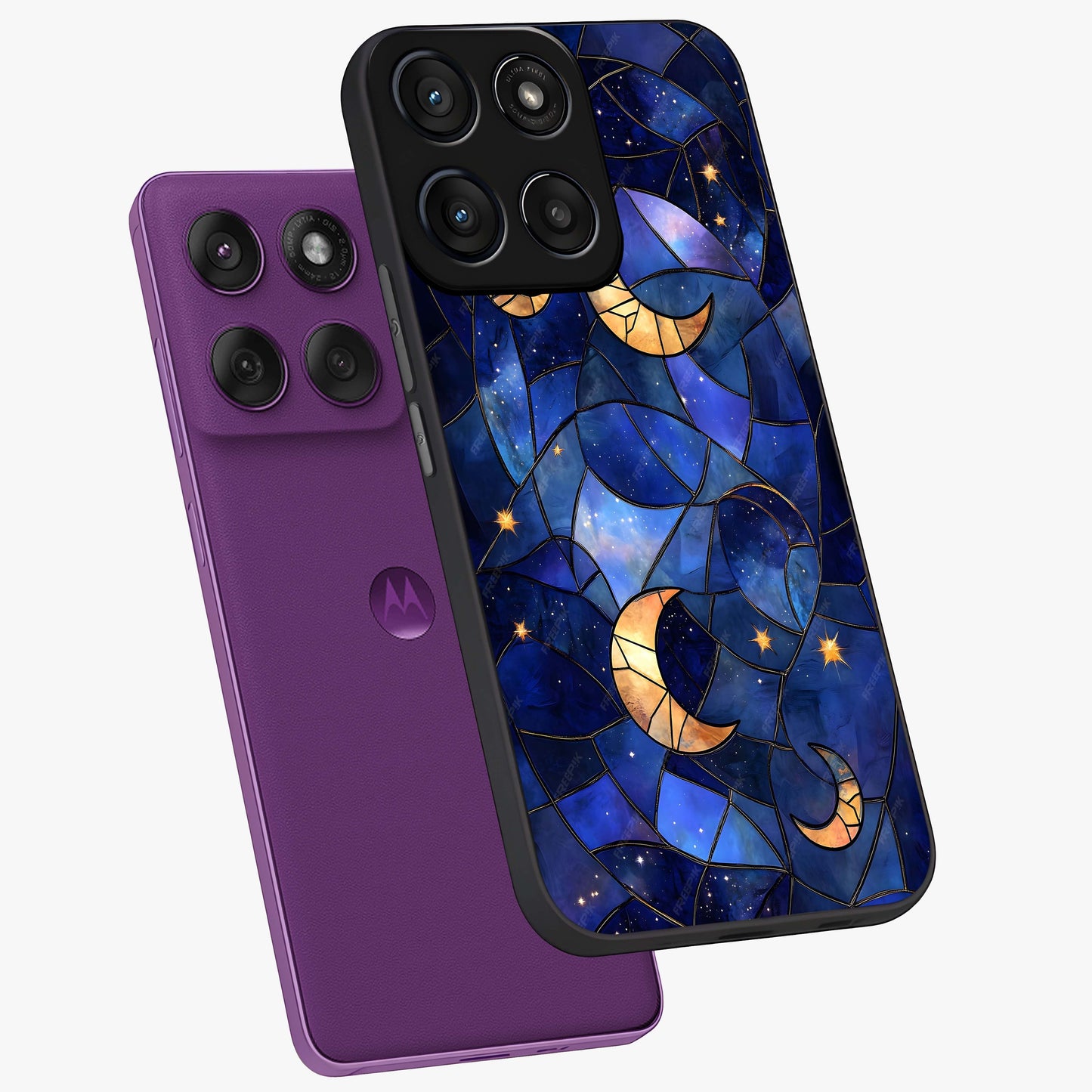 Starlit Sky Tapestry Glass Case displayed in angled mockup highlighting celestial night pattern with artistic aesthetic style.