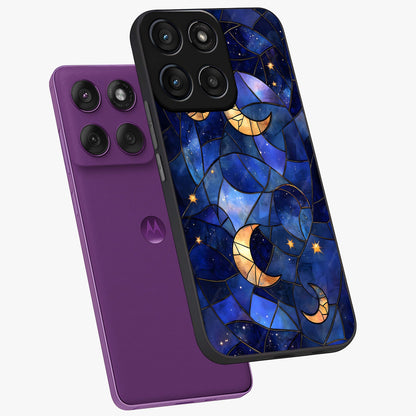 Starlit Sky Tapestry Glass Case displayed in angled mockup highlighting celestial night pattern with artistic aesthetic style.