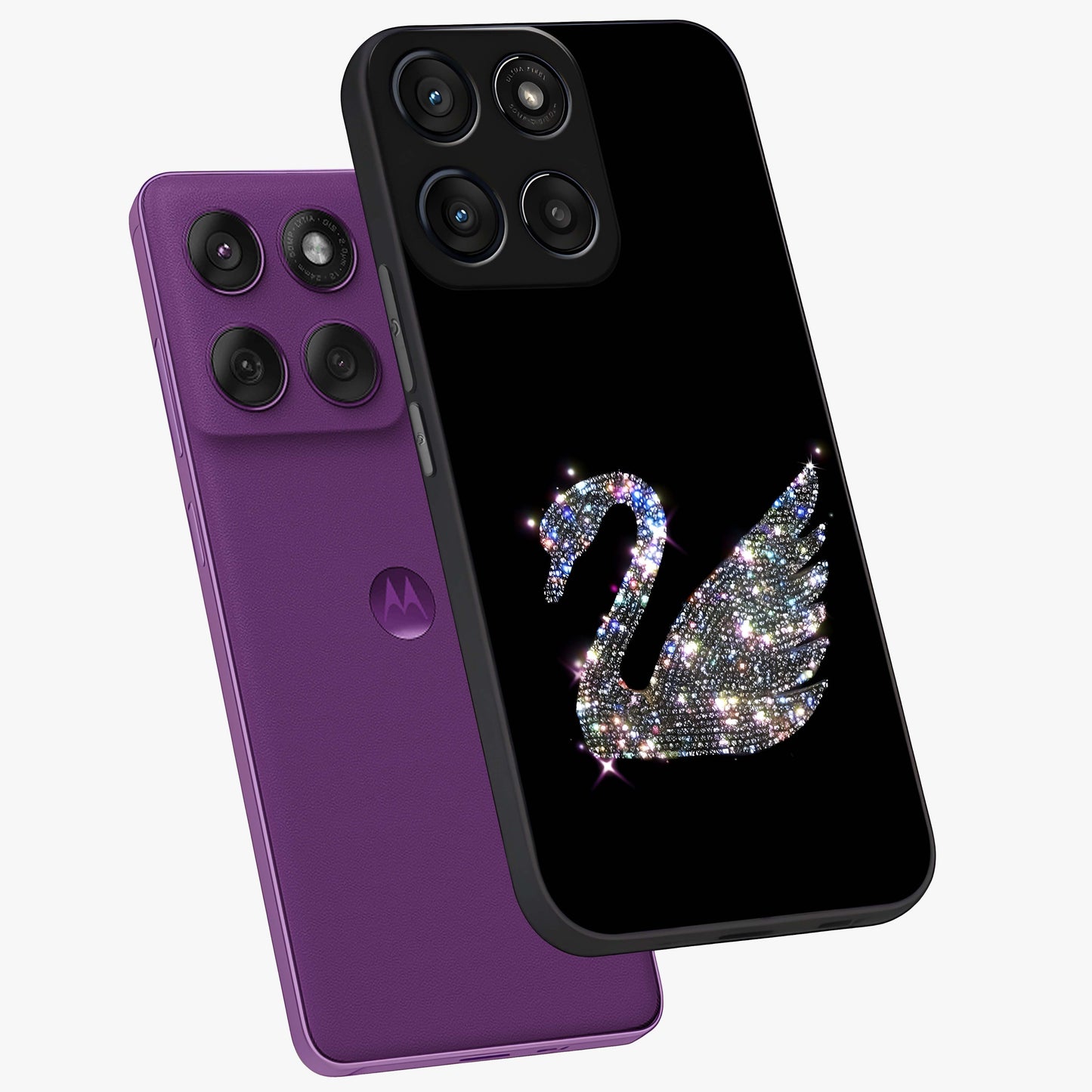 Starlit Swan Grace Glass Case displayed in angled mockup highlighting elegant swan illustration with dreamy celestial aesthetic.
