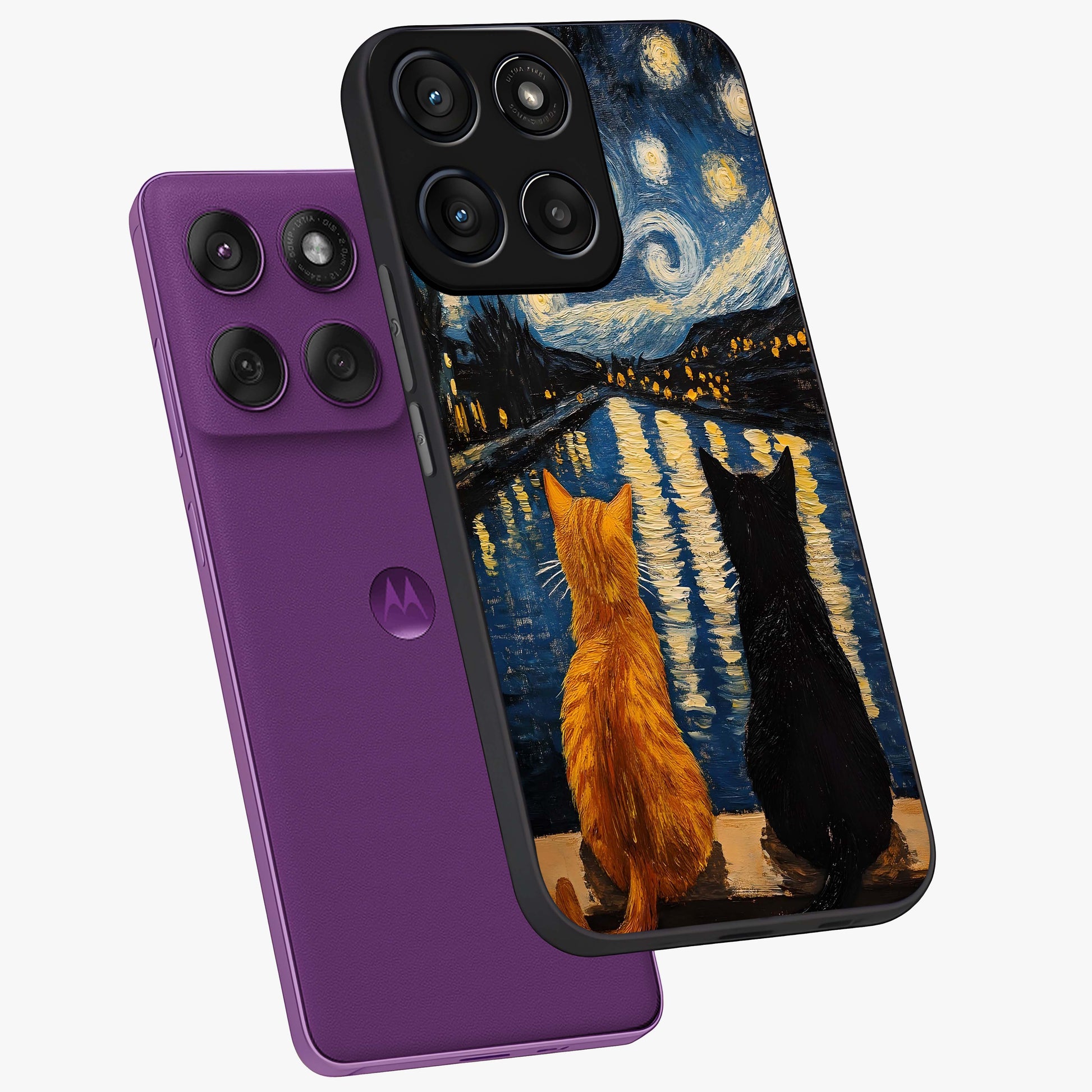 Starry River Cats Glass Case displayed in angled mockup highlighting charming feline illustration with dreamy night aesthetic.