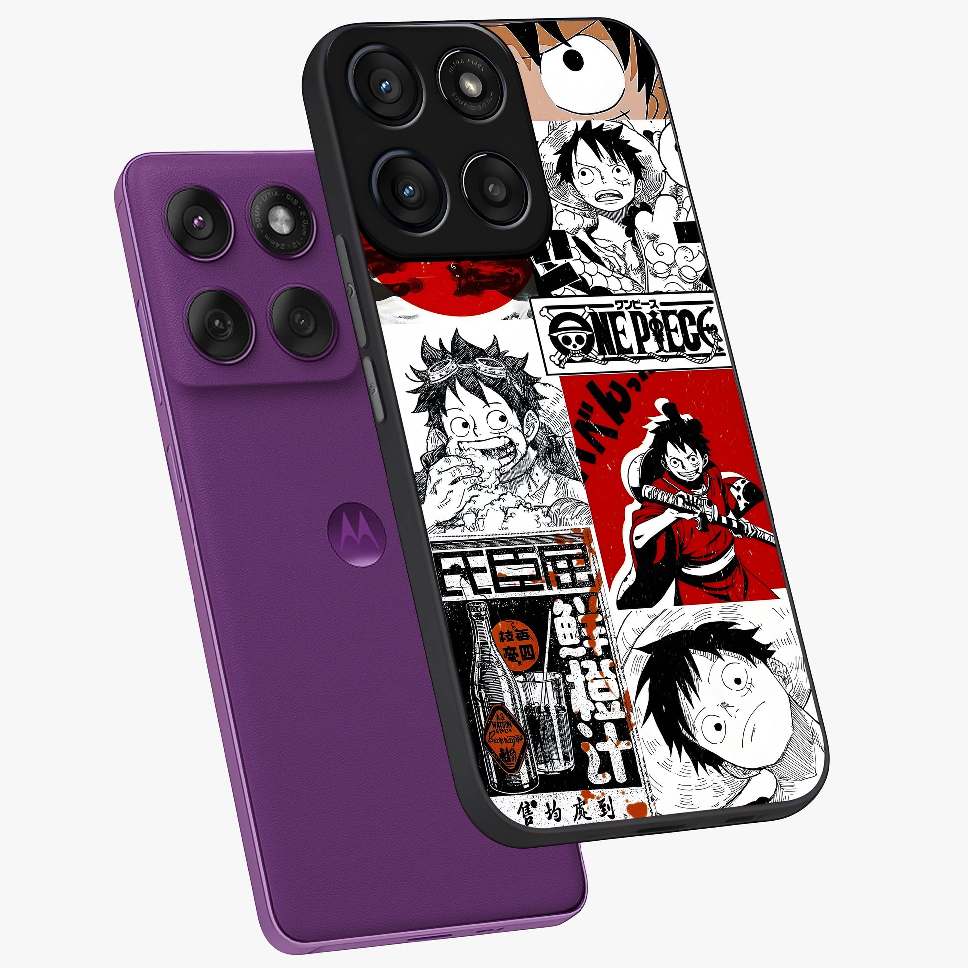 Strawhat Chaos Panels Glass Case displayed in angled mockup highlighting vibrant anime collage design with action aesthetic.