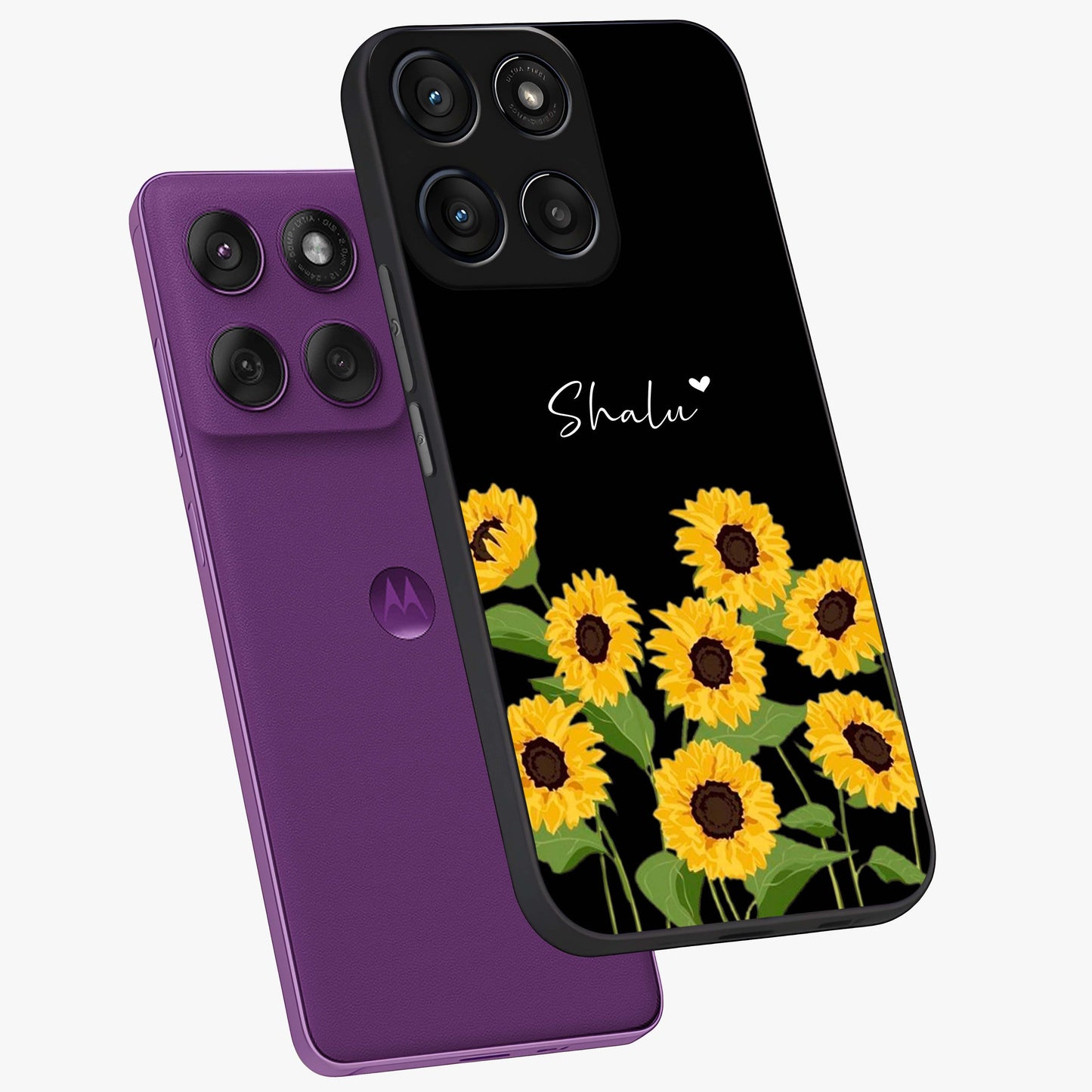 Sunflower Chic Mood Custom Name Glass Case displayed in angled mockup highlighting vibrant sunflower design with custom name feature.
