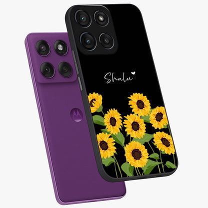 Sunflower Chic Mood Custom Name Glass Case displayed in angled mockup highlighting vibrant sunflower design with custom name feature.