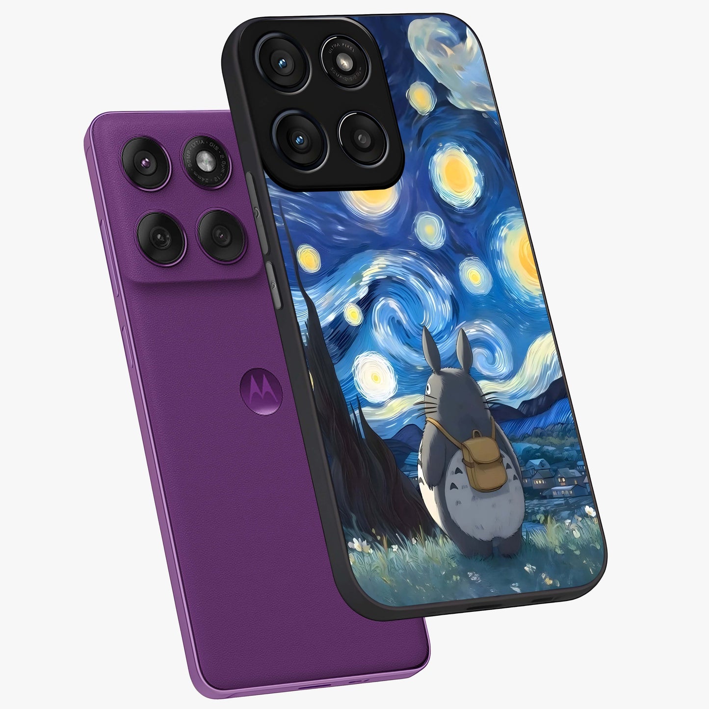 Totoro In Van Gogh Art Glass Case displayed in angled mockup highlighting artistic swirling sky design with playful animation aesthetic.