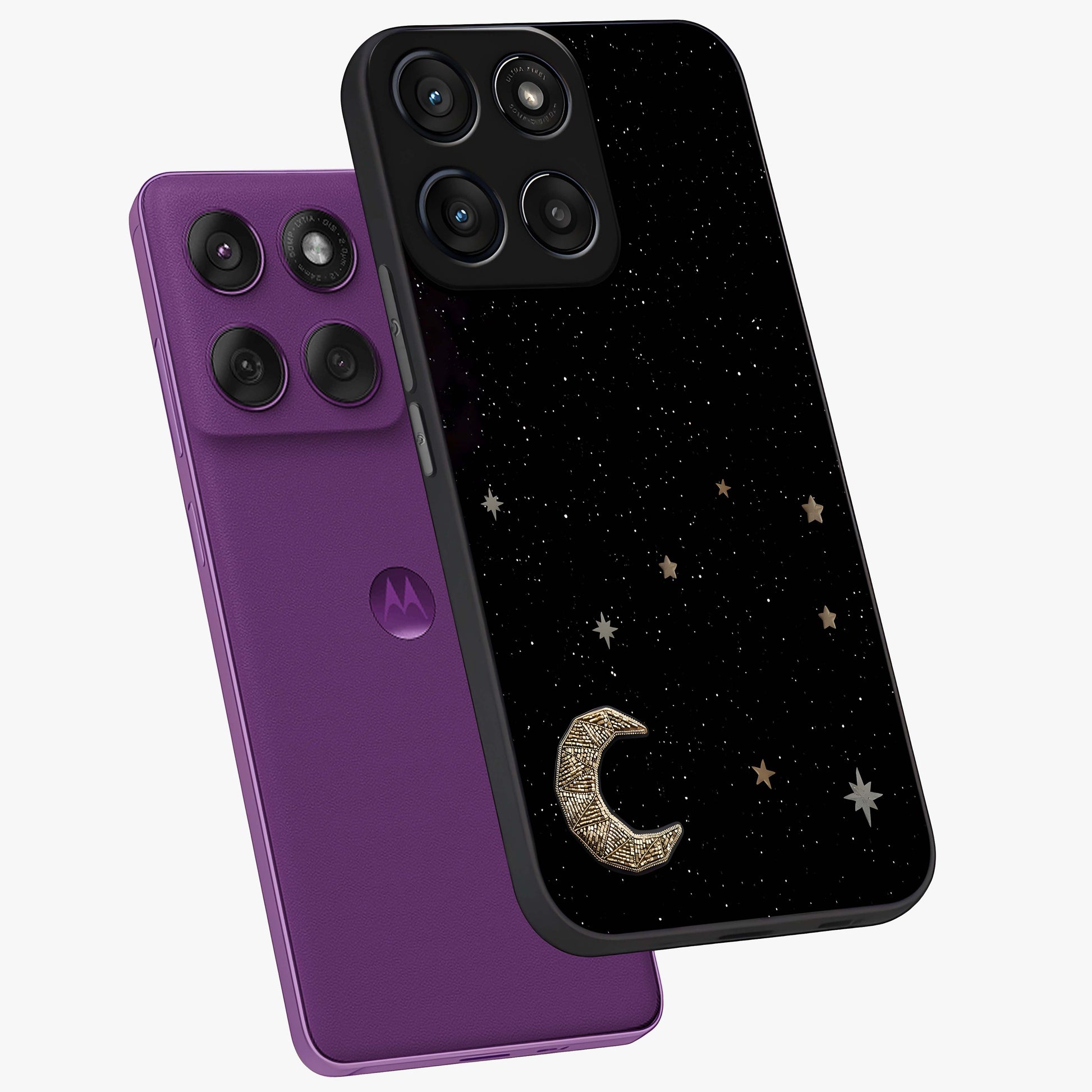 Twinkle Star With Half Moon Glass Case displayed in angled mockup highlighting celestial moon and star design with magical aesthetic.
