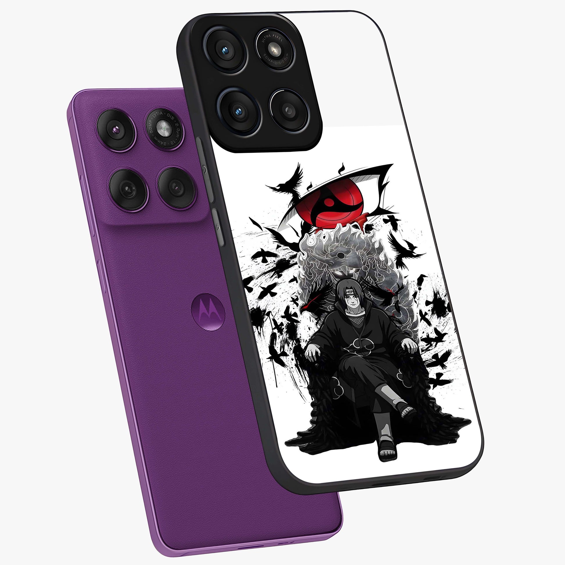 Uchiha Shadow Throne Glass Case displayed in angled mockup highlighting glowing aquatic design with celestial aesthetic.