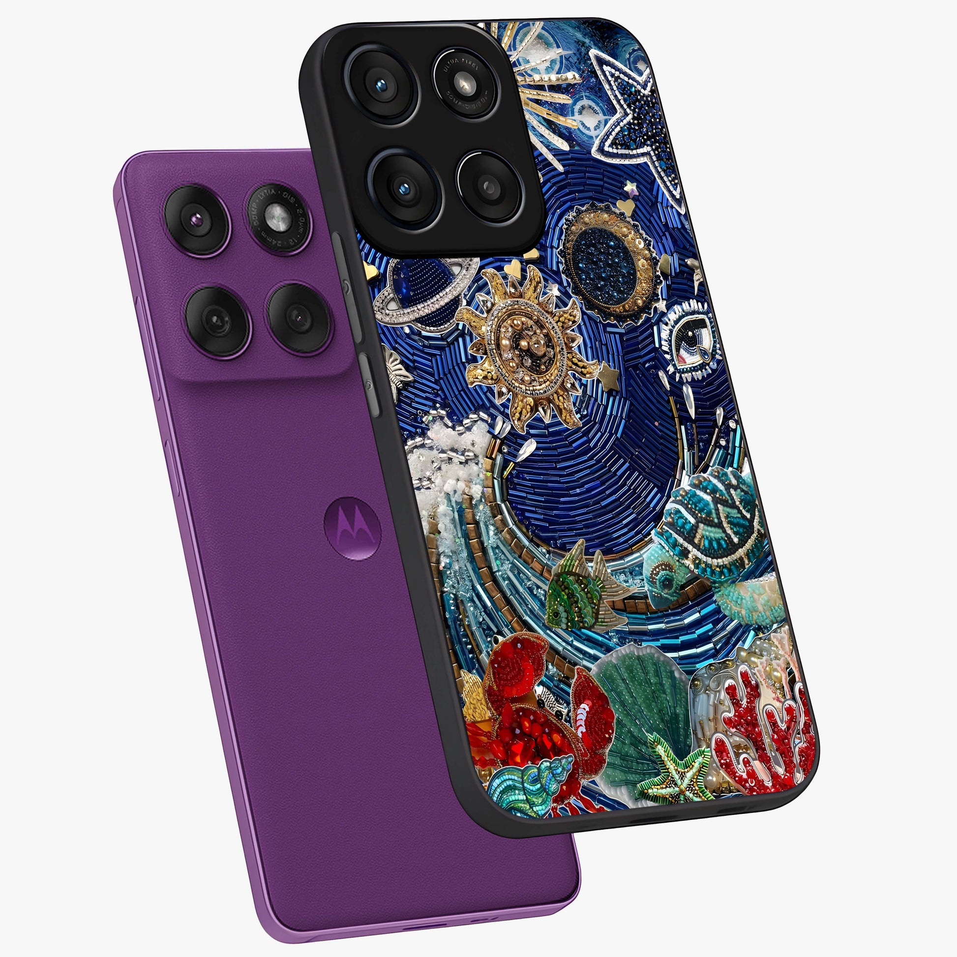 Universe Underwater Spark Glass Case displayed in angled mockup highlighting glowing aquatic design with celestial aesthetic.