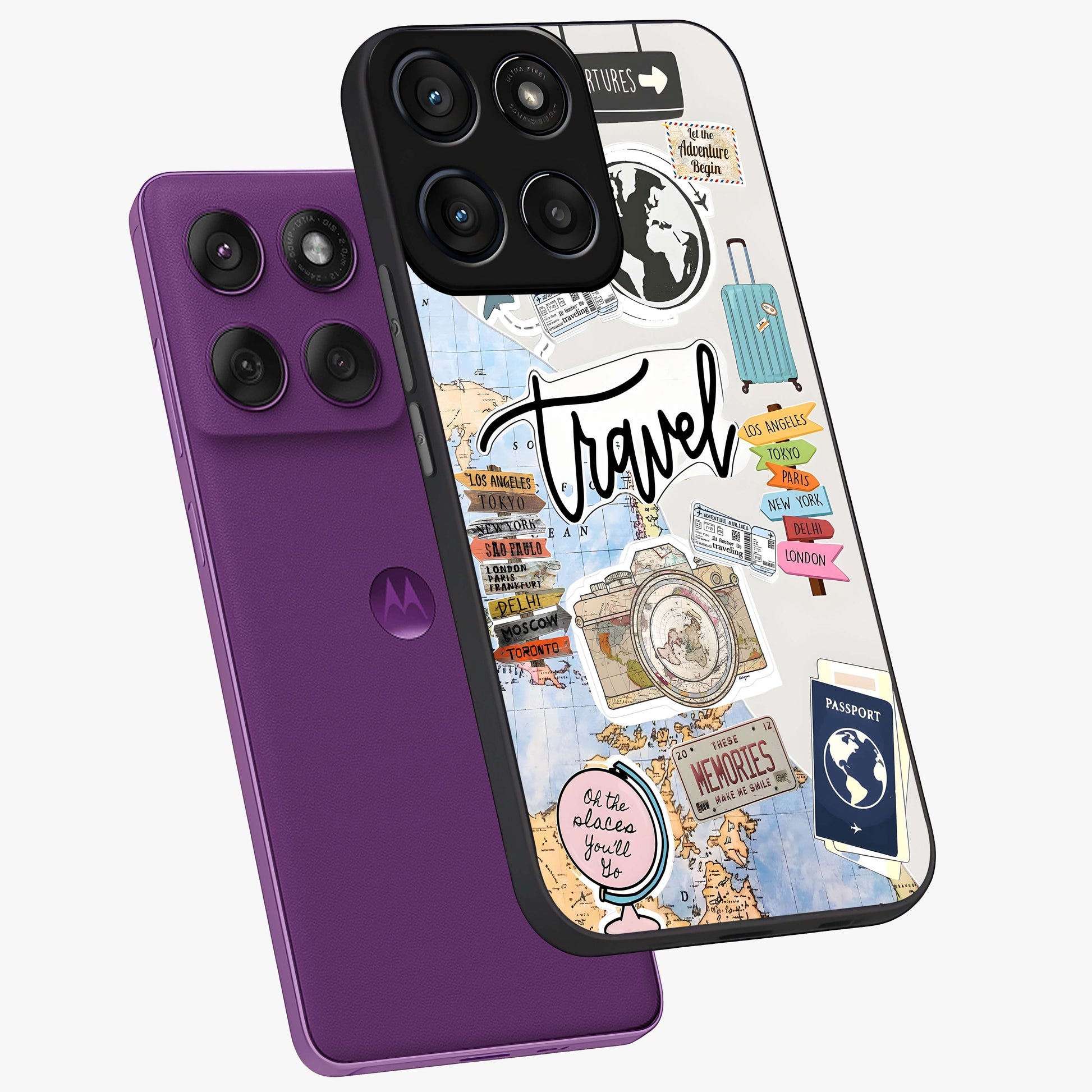 Wanderlust Journal Glass Case displayed in angled mockup highlighting adventure themed design with aesthetic travel vibe.