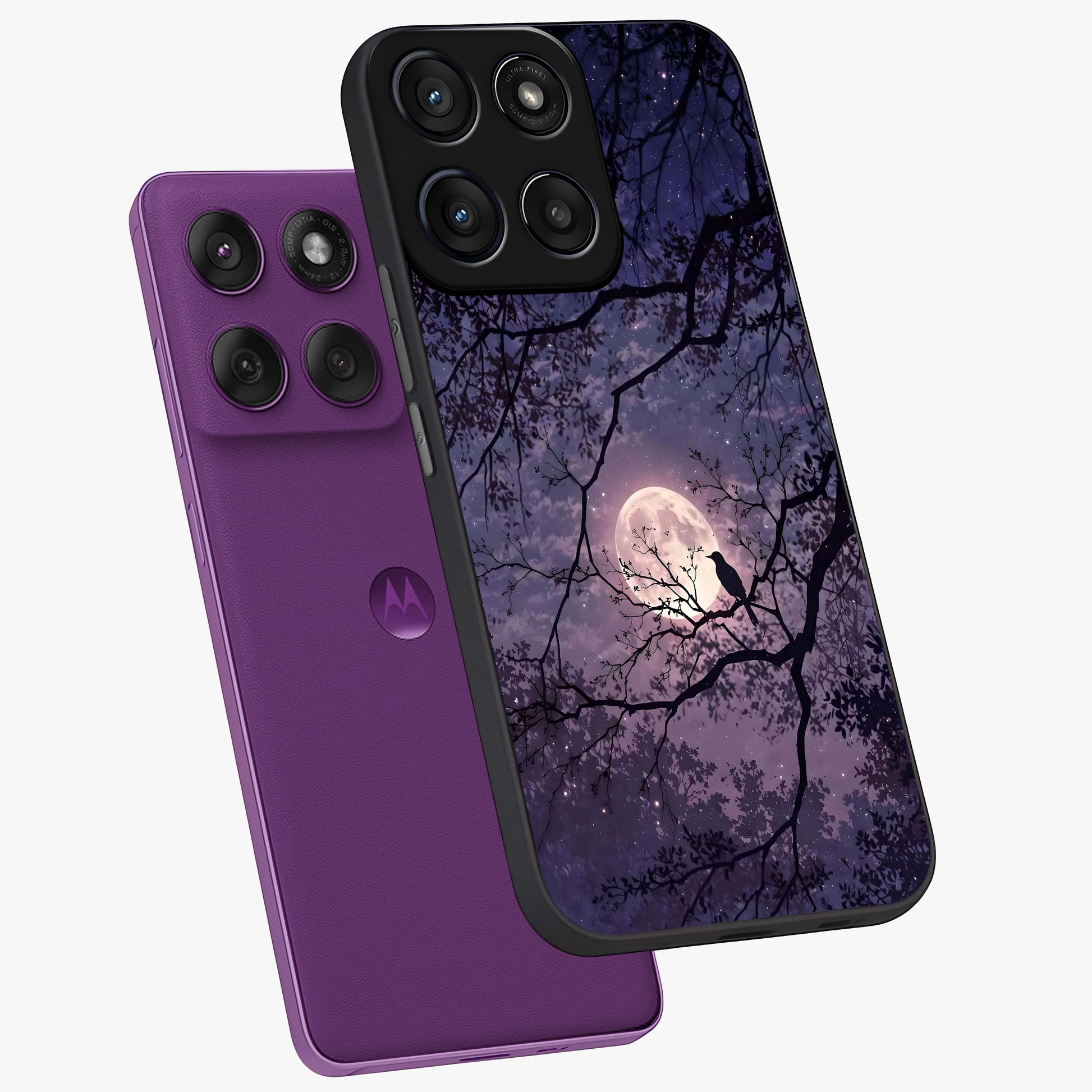Whispering Moon Silence Glass Case displayed in angled mockup highlighting calm lunar design with dreamy night aesthetic.