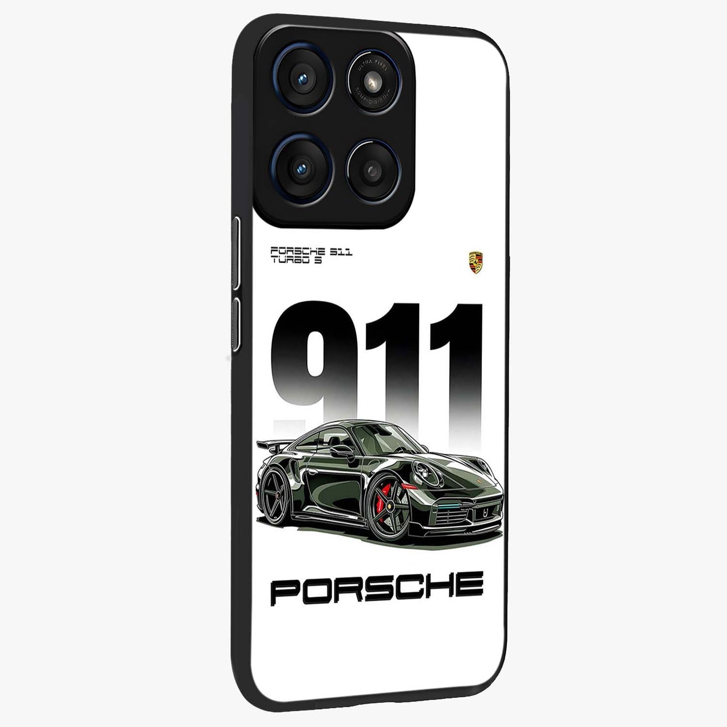 911 Turbo Dominance Glass Case upright perspective showcasing powerful racing design and modern automotive aesthetic.