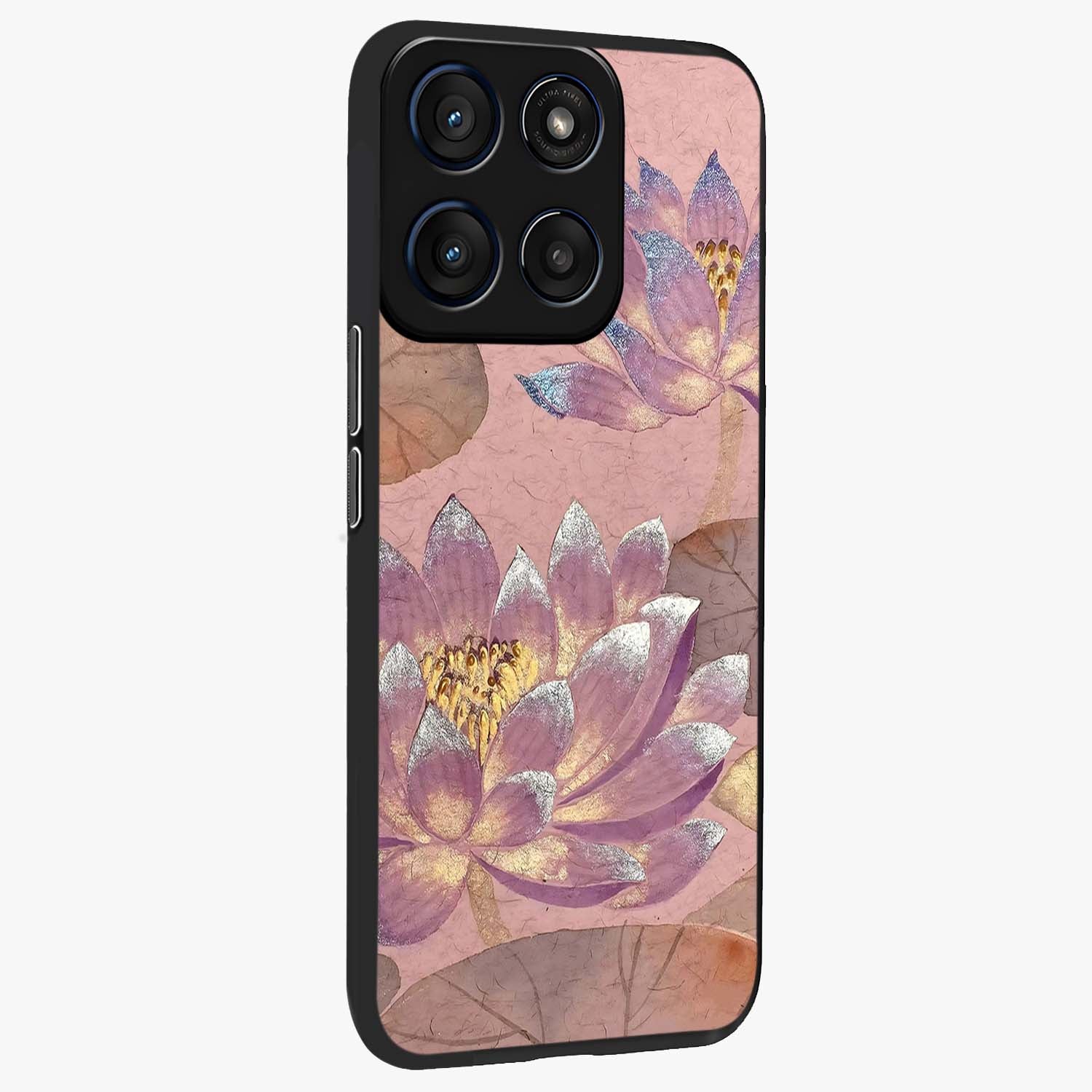Blossom Mist Lotus Glass Case upright view showcasing graceful lotus flower design with peaceful botanical style.