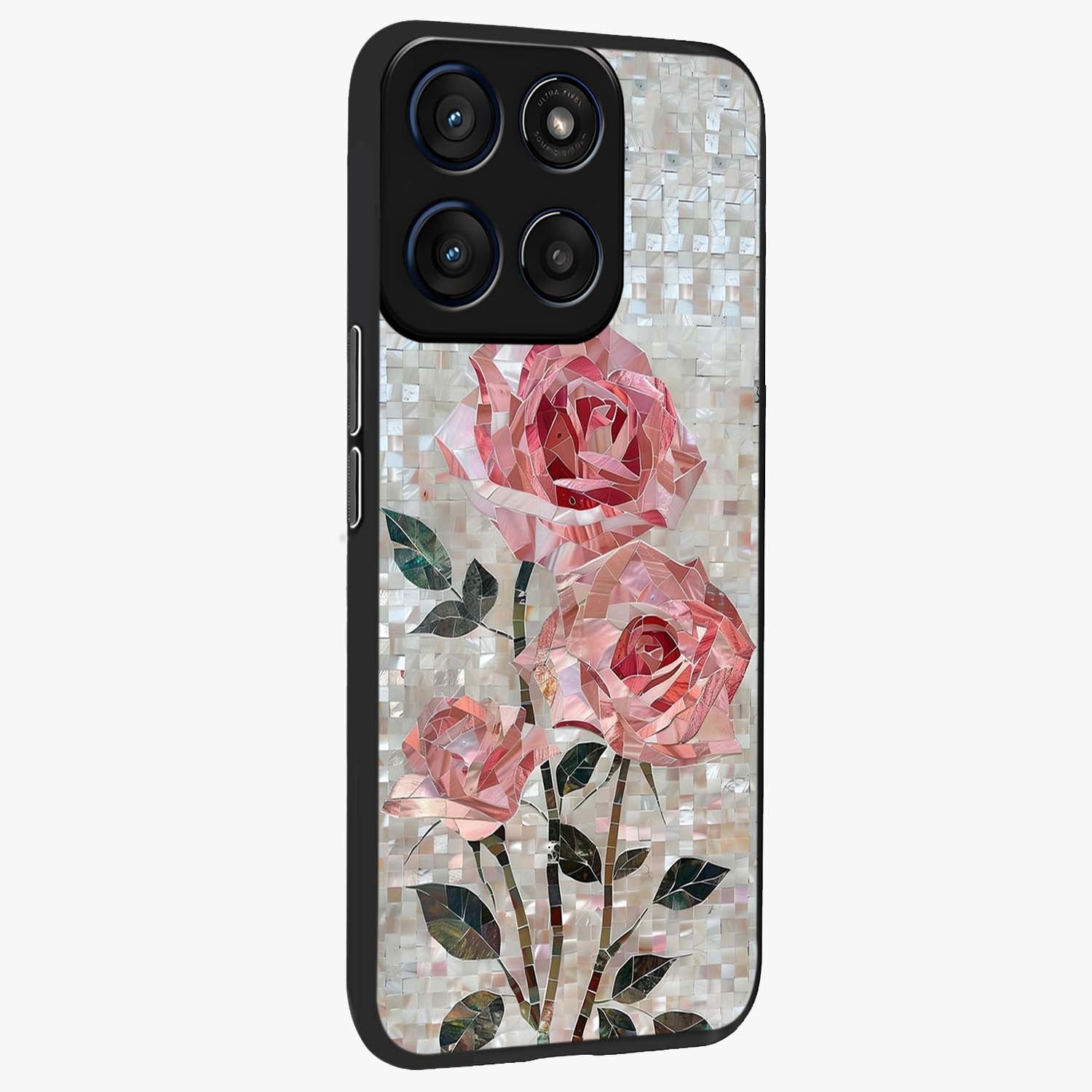 Blush Mosaic Bloom Glass Case upright view showcasing decorative floral mosaic artwork with stylish modern aesthetic.