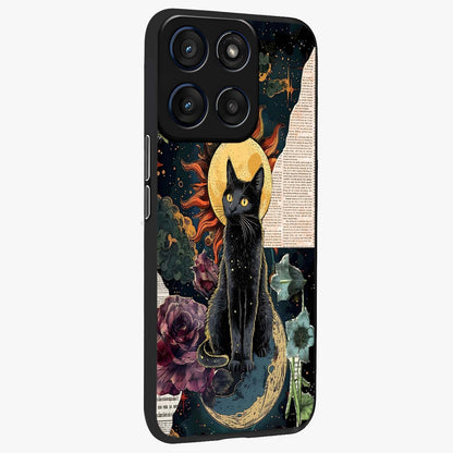 Celestial Black Cat Glass Case upright view showcasing magical black cat illustration with starry cosmic theme.