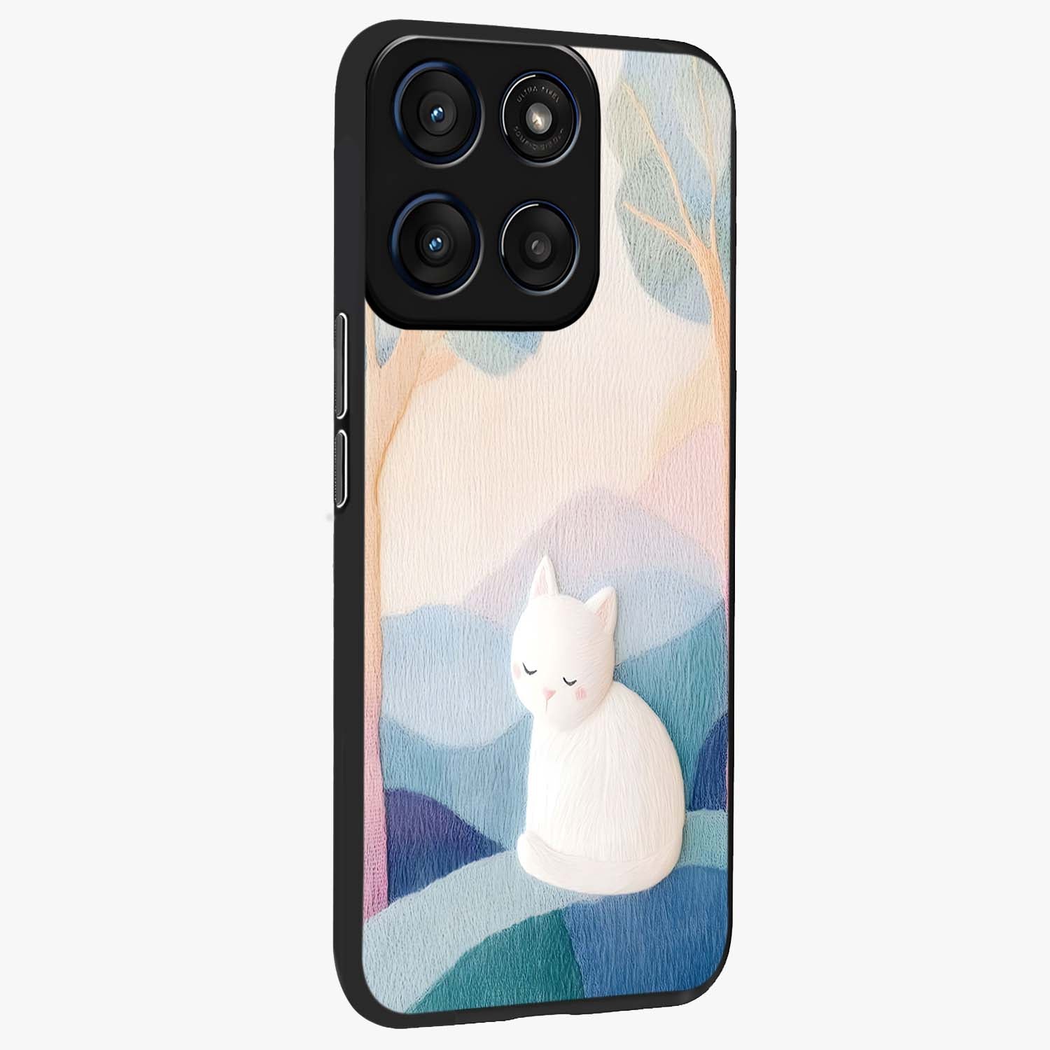 Cotton Dream Cat Glass Case upright view showcasing charming cat artwork with cozy dreamy theme.