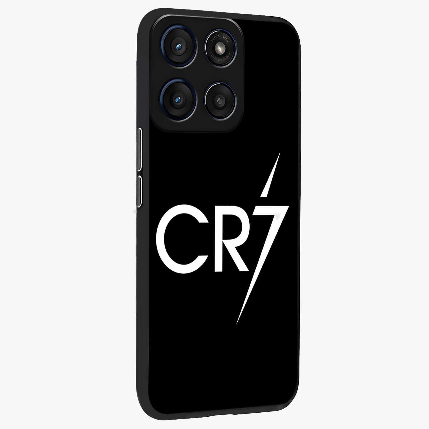 Cr7 Elite Strike Glass Case upright view showcasing energetic football inspired design with modern sports aesthetic.