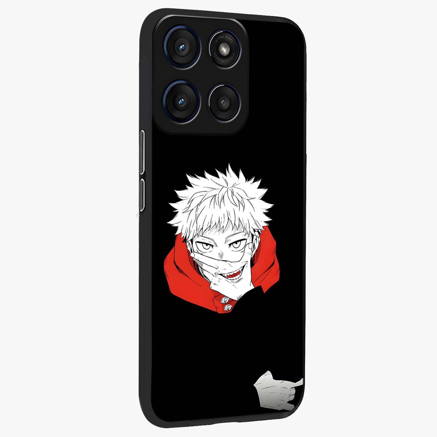 Crimson Chaos Smile Glass Case upright view showcasing expressive chaotic artwork with striking visual theme.