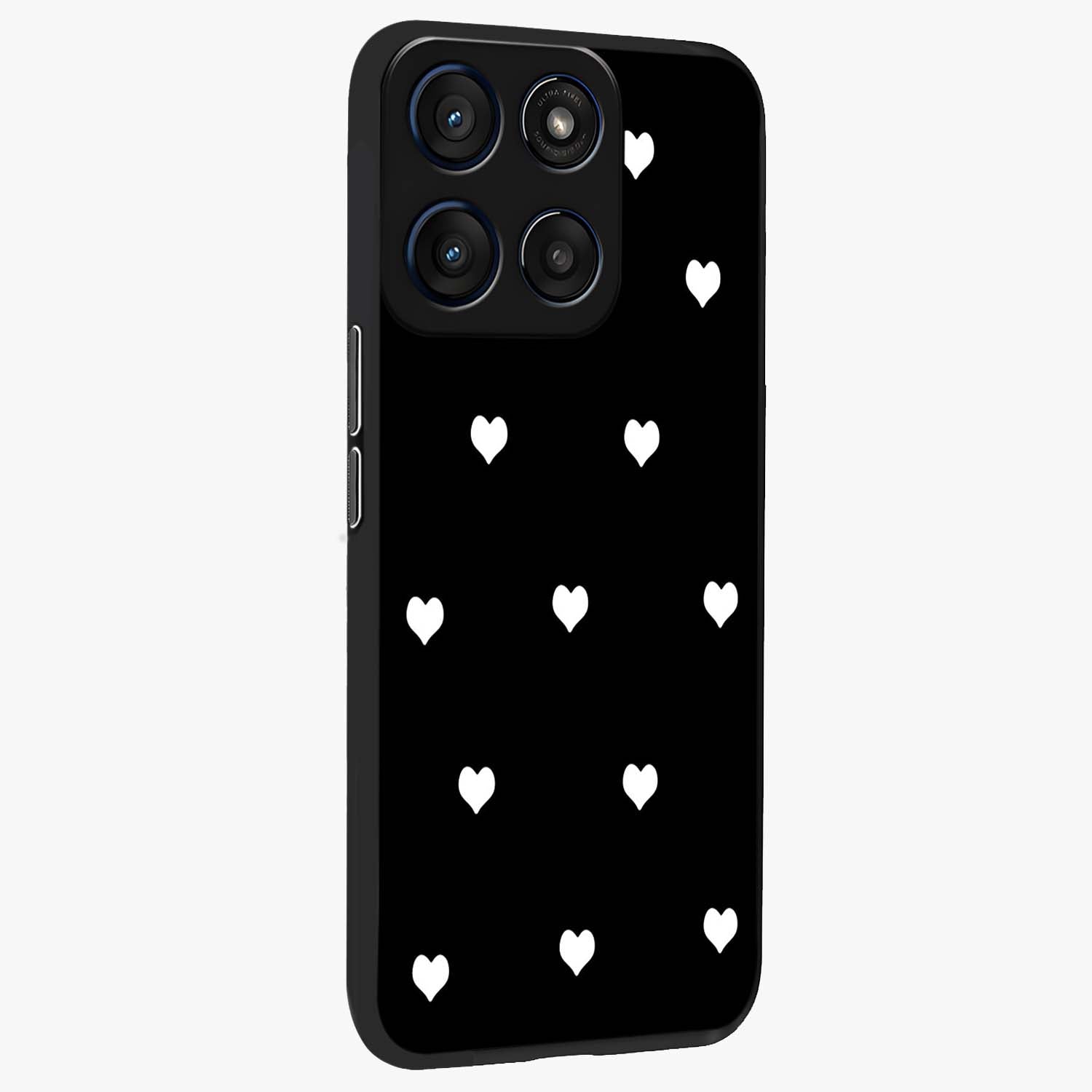 Cute And Simple White Hearts Glass Case upright view showcasing simple white hearts artwork with soft minimal theme.