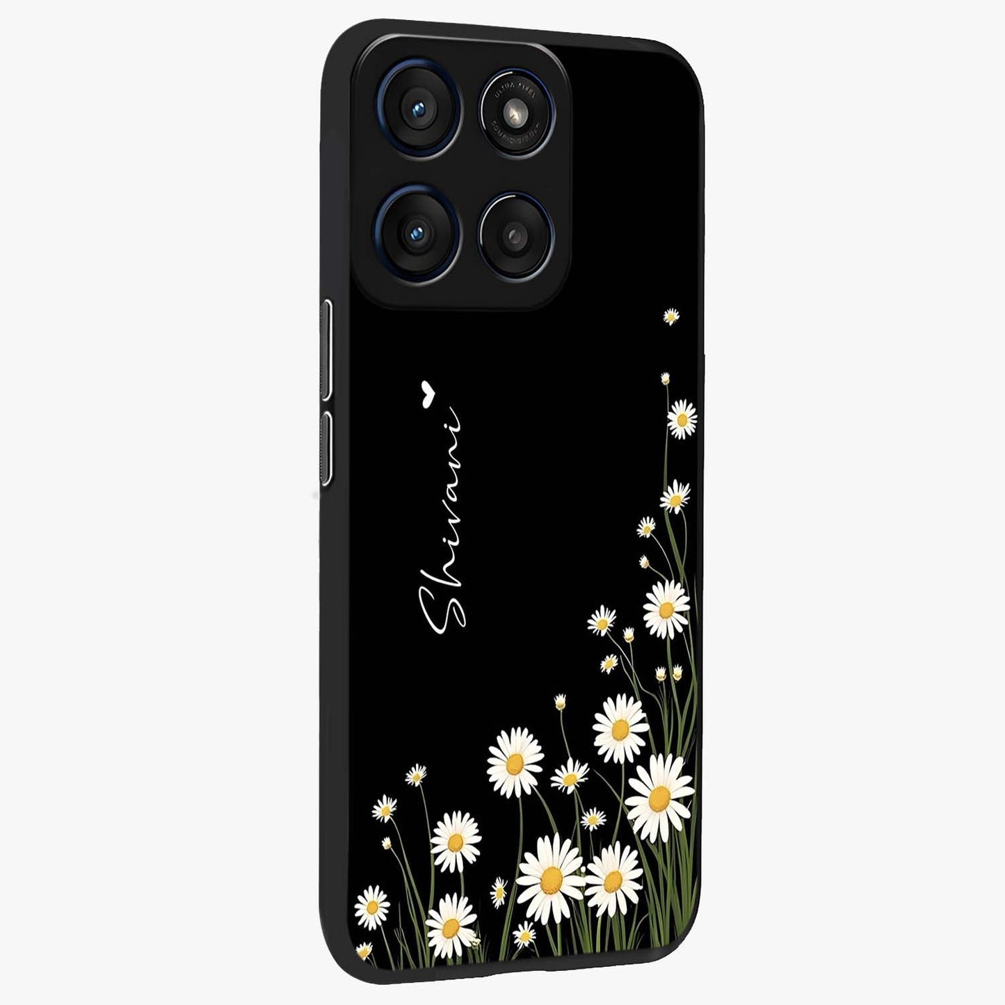 Daisy Cascade Custom Name Glass Case upright view showcasing elegant floral cascade design with personalized aesthetic.