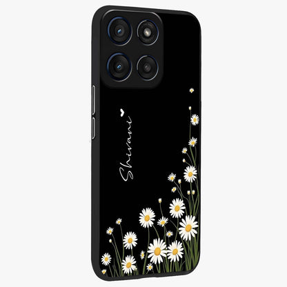 Daisy Cascade Custom Name Glass Case upright view showcasing elegant floral cascade design with personalized aesthetic.
