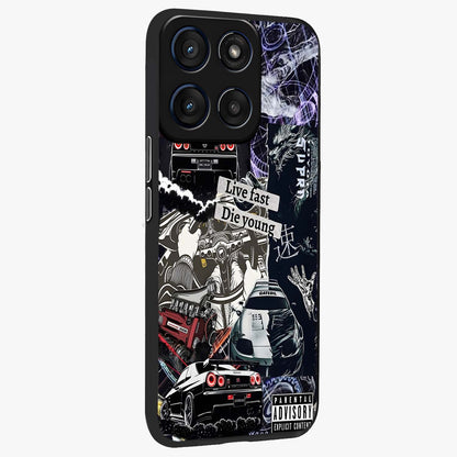 Die Young Glass Case upright view showcasing striking typography artwork with modern statement theme.