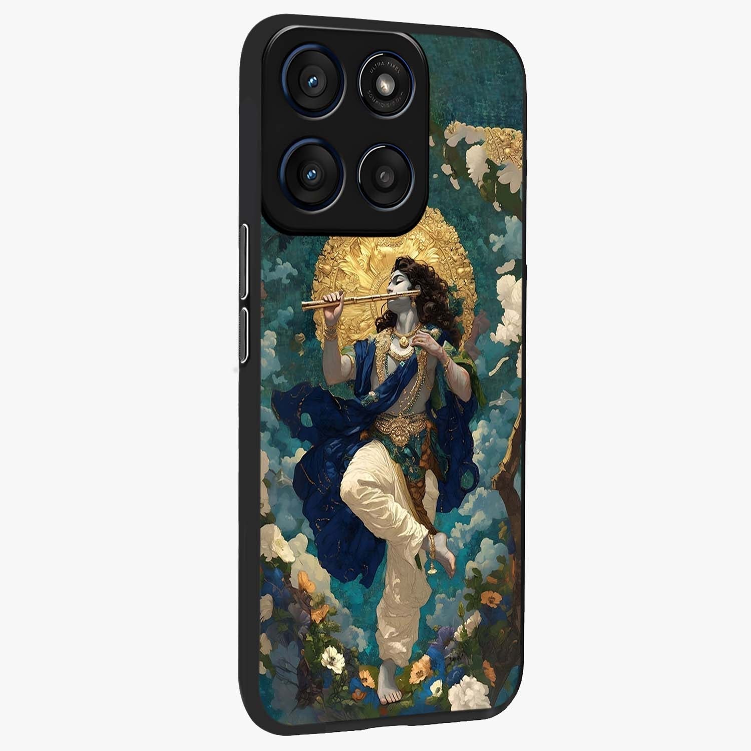 Divine Krishna Art Glass Case upright view showcasing divine Krishna artwork with sacred artistic theme.