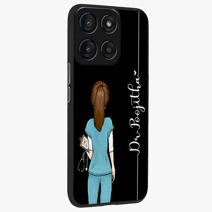 Doctor Pattern Custom Name Glass Case upright view showcasing healthcare themed design with personalized aesthetic.